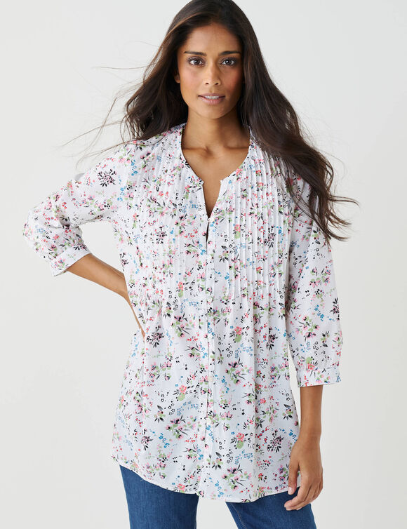 Tunique boutonnée à plis imprimé fleuri (blanc) Tunique boutonnée à plis imprimé fleuri (blanc)